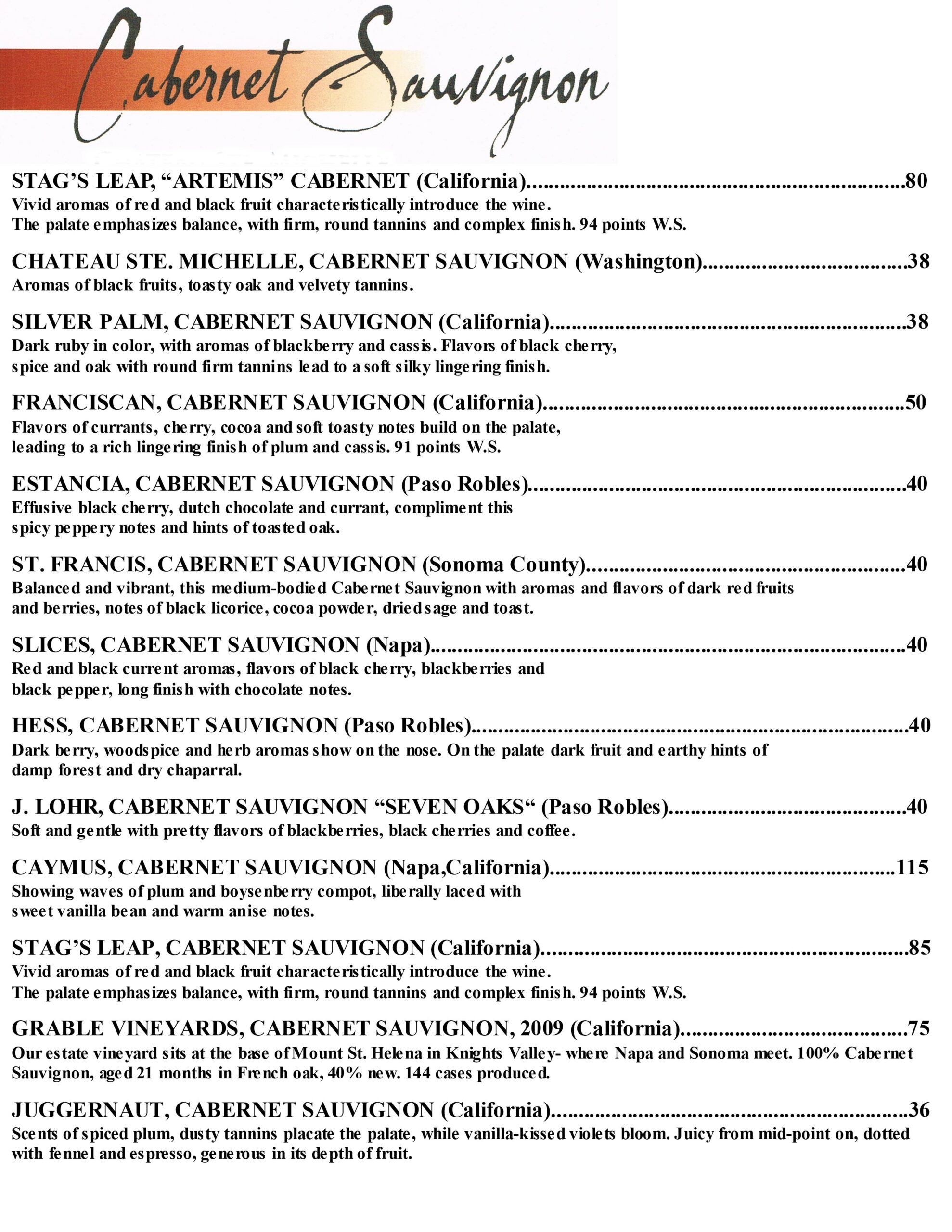 wine list Cabernet January 2026 2550X3300